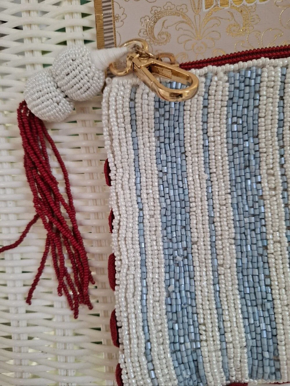 Handmade Blue And White Stripe Beaded Small Zipper Pouch Red Trim NWT
